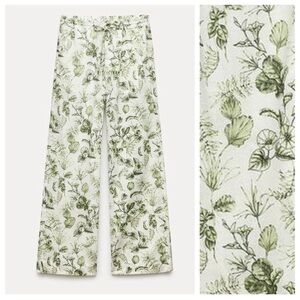 Zara White Wide-Leg Botanical Print Trousers